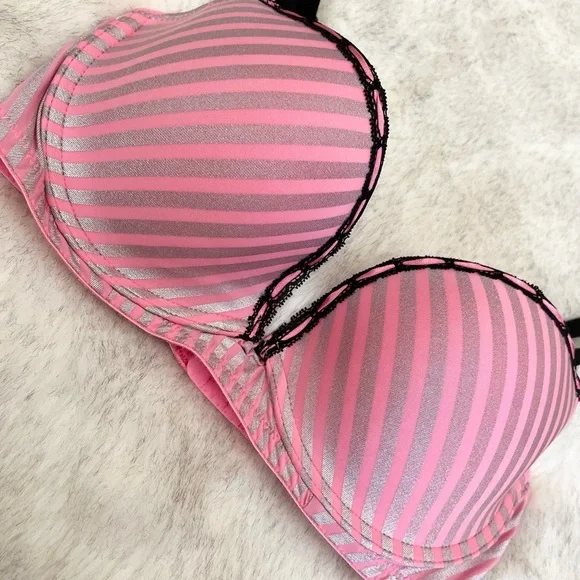 Victoria’s Secret Vintage Sexy Little Things Pink Silver Stripe Push Up Bra 34D - Picture 3 of 4